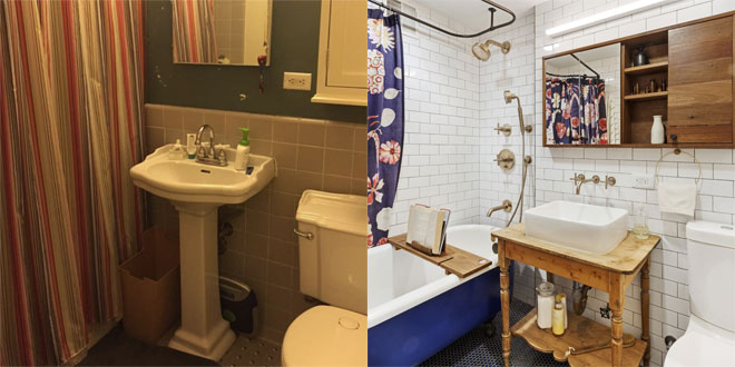 A traditional bathroom before and after transformation.