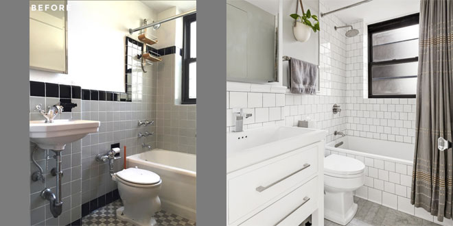 An old bathroom upgraded to a clean white tiled design.