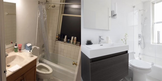 An old and dingy looking bathroom completely transformed into a white minimalist room.