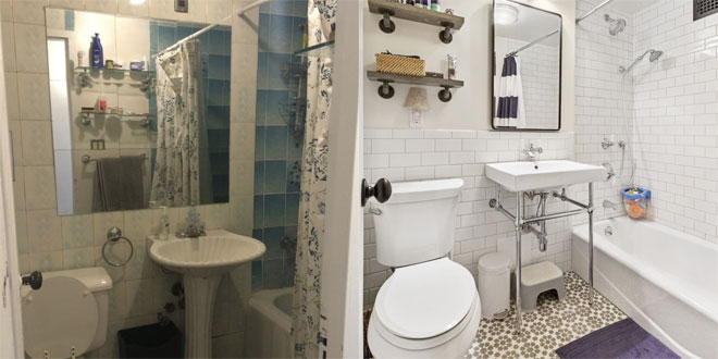 A non-descript bathroom upgraded to something chic yet traditional.