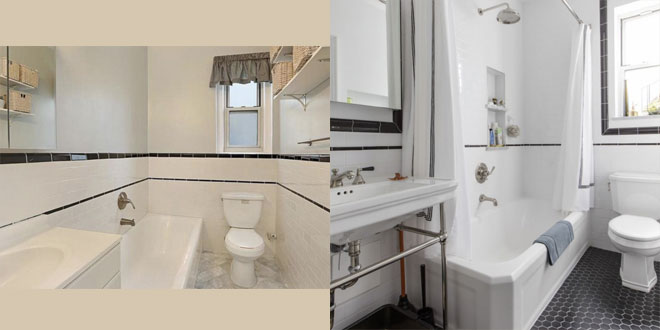 An average white bathroom reimagined into a crisp monochrome delight.