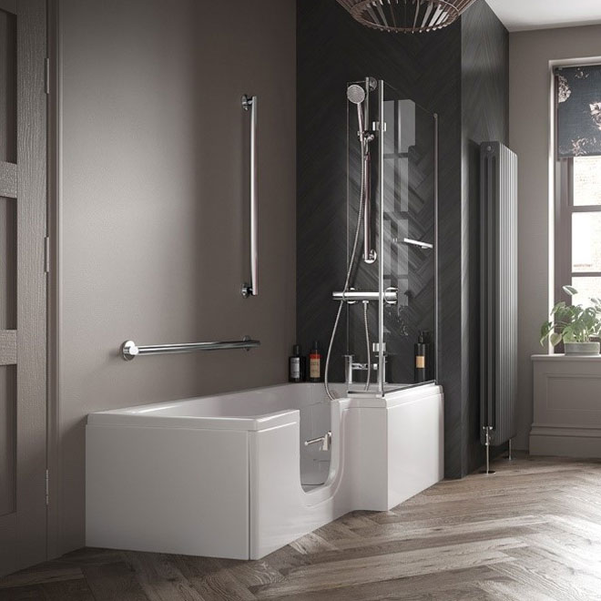 An easy access bath with a door in a contemporary bathroom