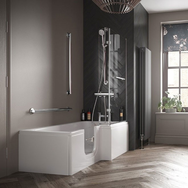 A bathroom featuring an easy access bath with door