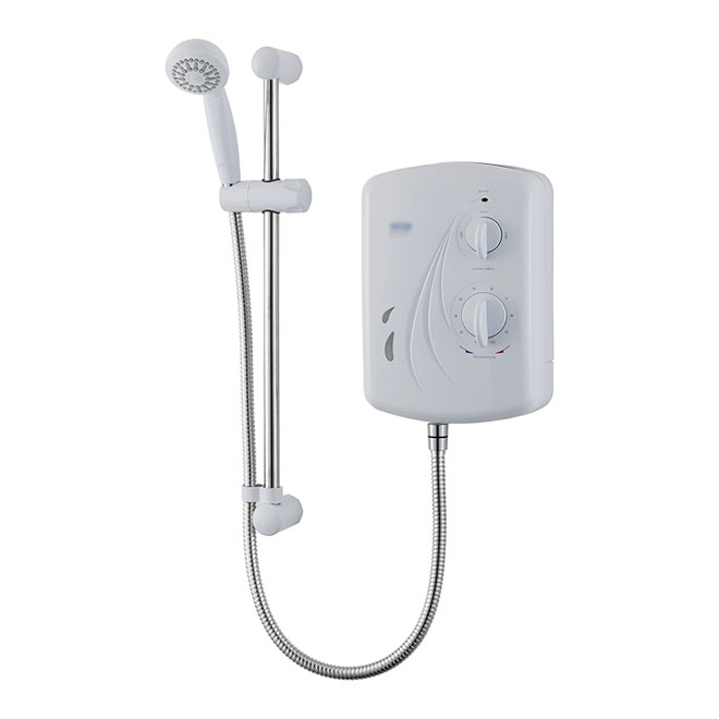 An electric shower, which uses cold water heated up rather than a mixture of hot a cold water.